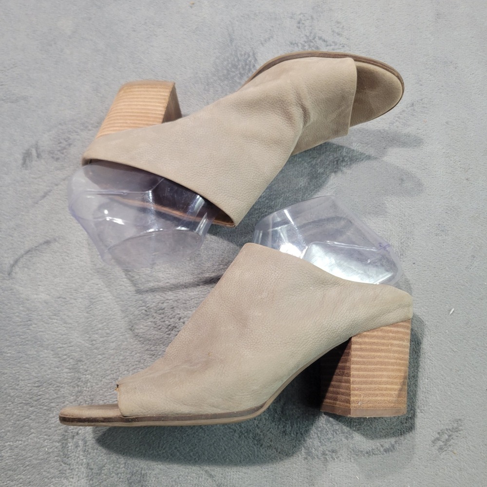 Lucky Brand Organza Mules Womens 9 Taupe Leather Peep Toe Block Heel Boho Slides